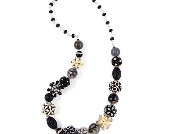 High Contrast Necklace, Black, Ivory, and Gray Necklace, Neutral Necklace, Beaded Necklace