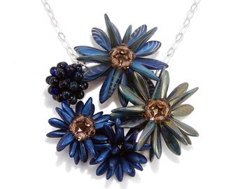 Alpine Joy Pendant Necklace, Blue Necklace, Flower Necklace, Long Necklace