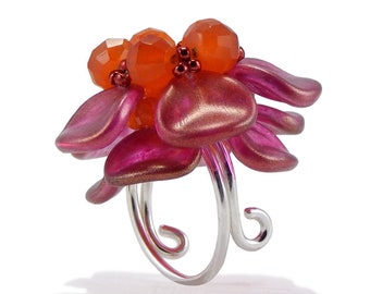 Rosalie Adjustable Ring, Statement Ring, Rose and Orange Ring, Flower Ring