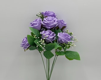 Konstgjord violett rosknippe, 9 konstgjorda rosenhuvuden med stjälk