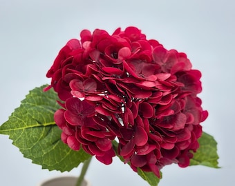 Real Touch djupröd konstgjord hortensia: Konstgjord blommig med stjälk