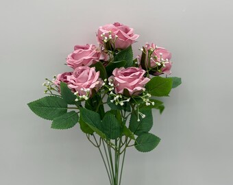 Konstgjord rosa rosbukett, 9 konstgjorda rosenhuvuden med stjälk