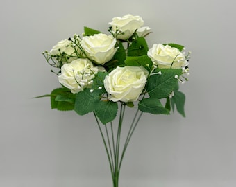 Konstgjord elfenbensrosknippe, 9 konstgjorda rosenhuvuden med stjälk