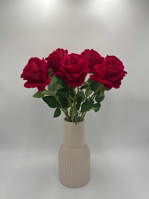Artificial Rose, Red Velvet Touch Faux Rose Heads with Stem