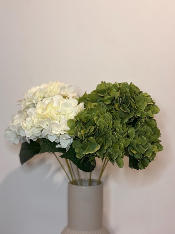 Green & Ivory Artificial Hydrangea Bunch: Faux Floral Arrangement