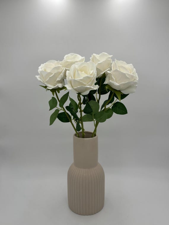 Artificial Rose, White Velvet Touch Faux Rose Heads with Stem