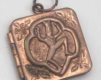 Vintage 40s Girl Scouts Brownie Picture Locket Pendant Rose Gold Tone Dancing Pixie Flowers