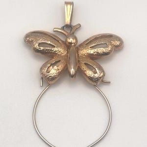 Vintage 70s Butterfly Charm Holder Pendant Keeper Yellow Gold Tone Hammered Finish Cutout Detail 3-D Two Way Wear Removeable Loop