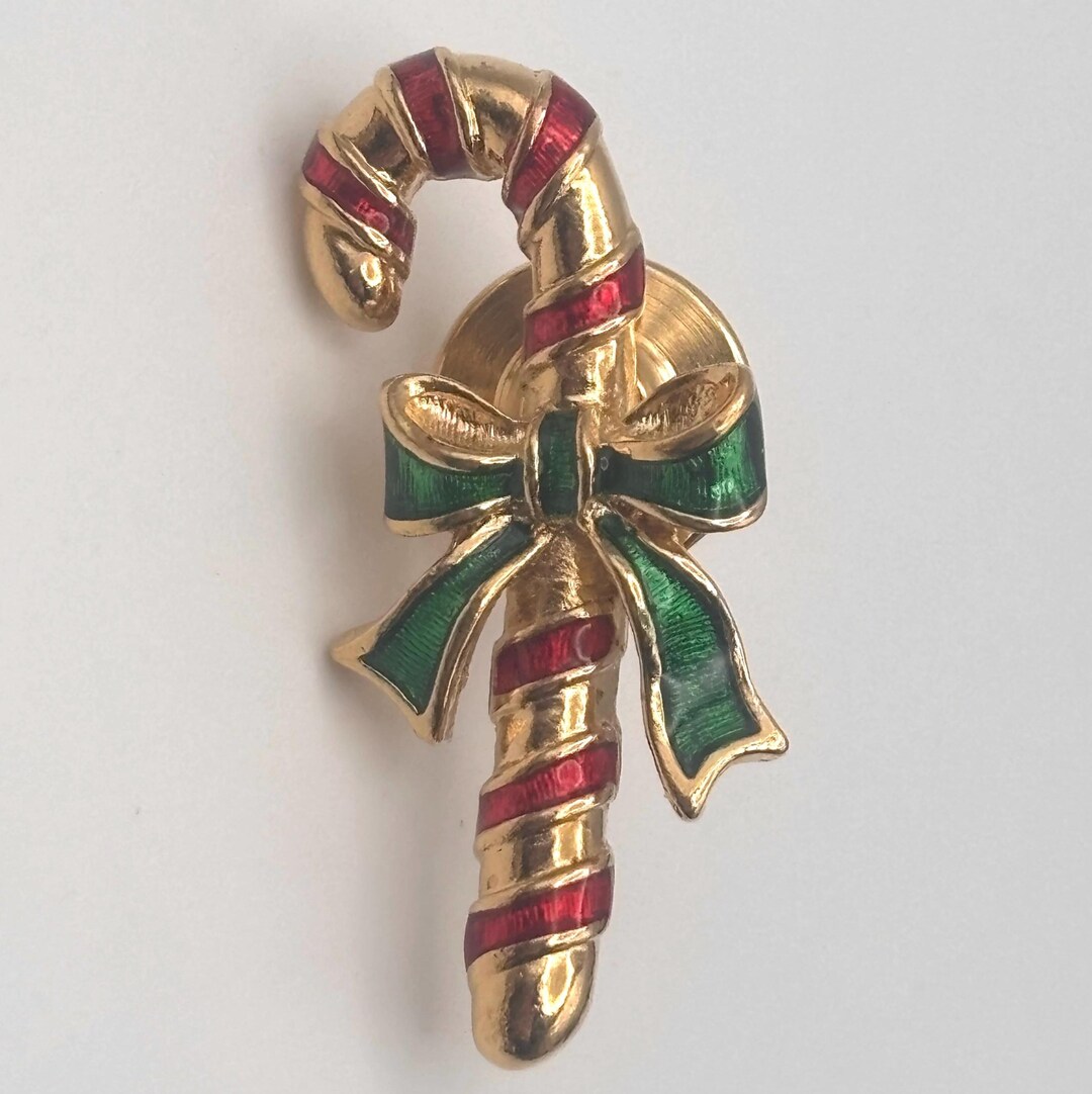 Vintage 80s Avon Enamel Candy Cane Pin Yellow Gold Tone Red Green Bow ...