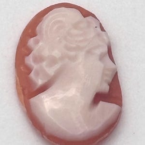 May include: Oval cameo pendant featuring a profile of a woman's face carved in white against a reddish-brown background. The cameo is a classic piece of jewelry, often worn as a pendant or brooch.
