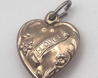 Vintage 40s Sweetheart Charm Pendant Hollow Puffy Heart Charm Yellow Gold Tone I Love U Flower Detailing