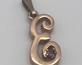 Vintage 80s Letter E Pendant Yellow Gold Tone Glass Stone Cursive Initial