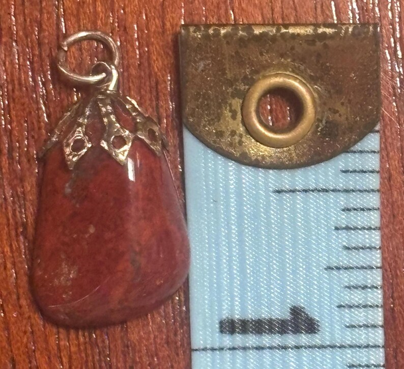 Vintage 80s Red Jasper Eggplant Charm Pendant Brick Red Marbling Silver Tone image 2