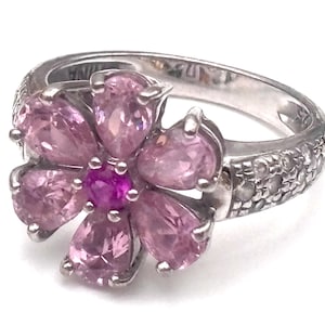 90s 925 Ruby Flower Ring Size 6.5 6 1/2 Sterling Silver One Pink Ruby and Pink White Clear CZ Cubic Zirconia Ross Simons China