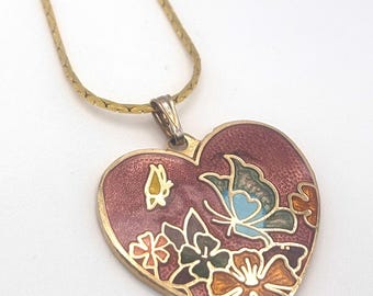 Vintage 60s Cloisonné Multi-Color Butterflies and Flowers Heart Pendant With Yellow Gold Tone Brick Link Chain Necklace 17.75 17 3/4 Inches