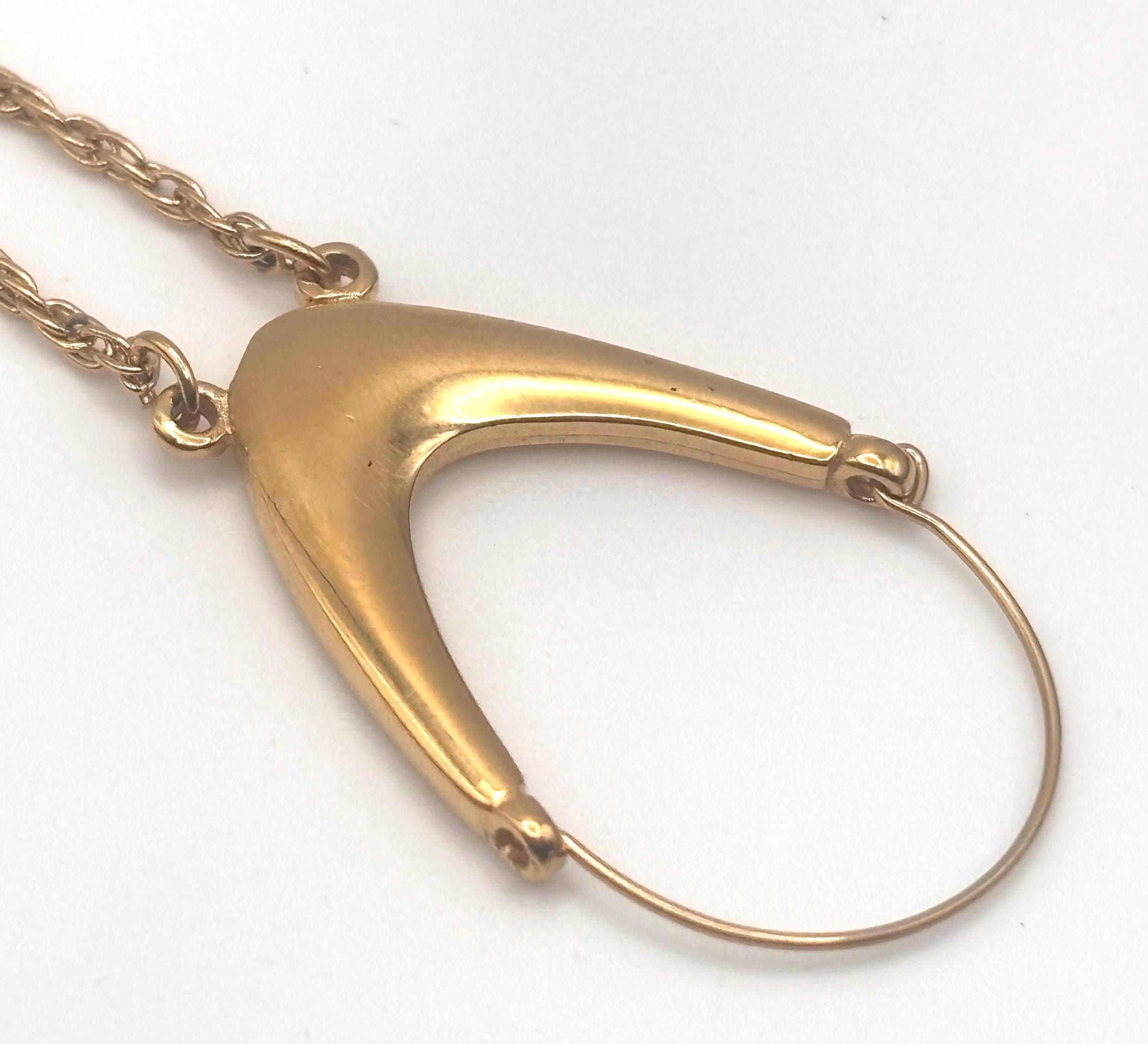 Vintage 70s Trifari Arch Charm Holder Necklace 30.25 30 1/4 Inches Pendant Keeper Yellow Gold Tone Long Woven Chain Embossed Detailing