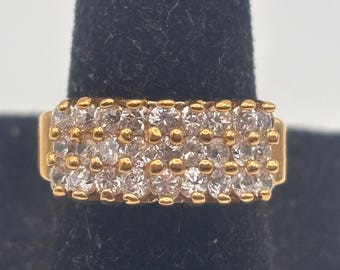 90s 14KT HGE Three Row Ring Size 5.75 5 3/4 Heavy Gold Electroplated CZ Cubic Zirconia White Clear Stones Signed Lind Made in China