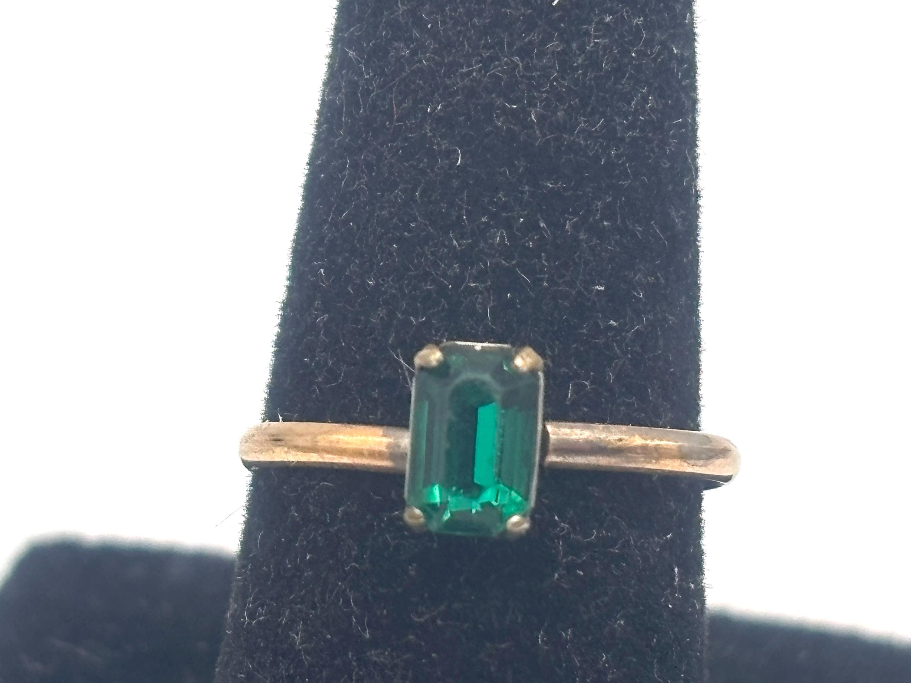Vintage 30s 10KT GF Shank Pinky Ring 4.25 4 1/4 Adjustable Two Tone Yellow Gold Filled Green Emerald Cut Rhinestone Art Deco