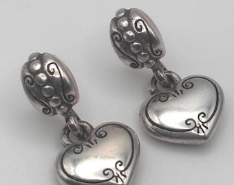 2000s Brighton Silver Plated Puffy Heart Earrings Dangle Pierced Swirls