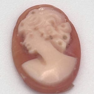 May include: An oval-shaped cameo cabochon featuring a carved profile of a person with detailed hair. The relief is light cream-colored, set against a smooth, translucent coral-pink background. The piece has a polished finish and rounded edges.