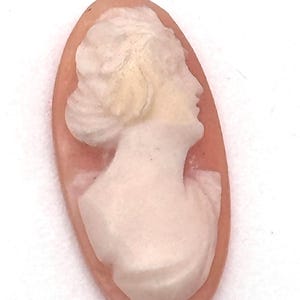 May include: Oval cameo pendant featuring a profile of a woman's bust carved in white against a peach-colored background. The woman's hair is styled in an updo. The cameo is a classic piece of jewelry.