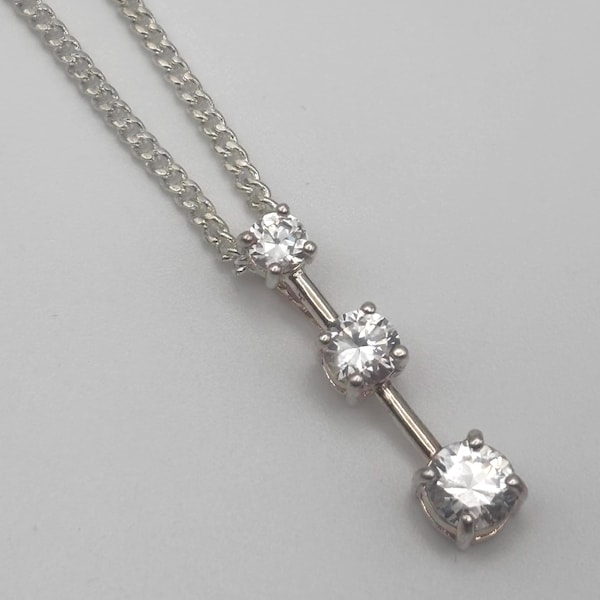 Vintage 80s 925 Past Present Future Pendant Necklace 18.75 18 3/4 Inches Sterling Silver Three CZ Cubic Zirconia Stones Round Cut Dangle