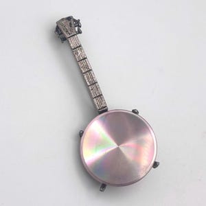 Vintage 60s Holographic Banjo Brooch Silver Tone Rainbow Diffractive Rainbow Musical Instrument