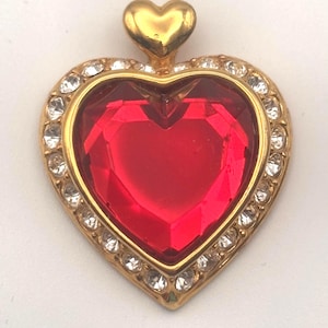 Vintage 80s Acrylic Heart Pendant Yellow Gold Tone White Clear Rhinestones Signed W Weingeroff