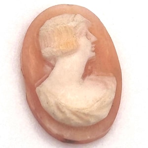 May include: Oval cameo brooch featuring a profile of a woman with light-colored hair and a white dress. The woman's profile is carved in a light color, set against a peach-colored background. The brooch is a classic piece of jewelry.