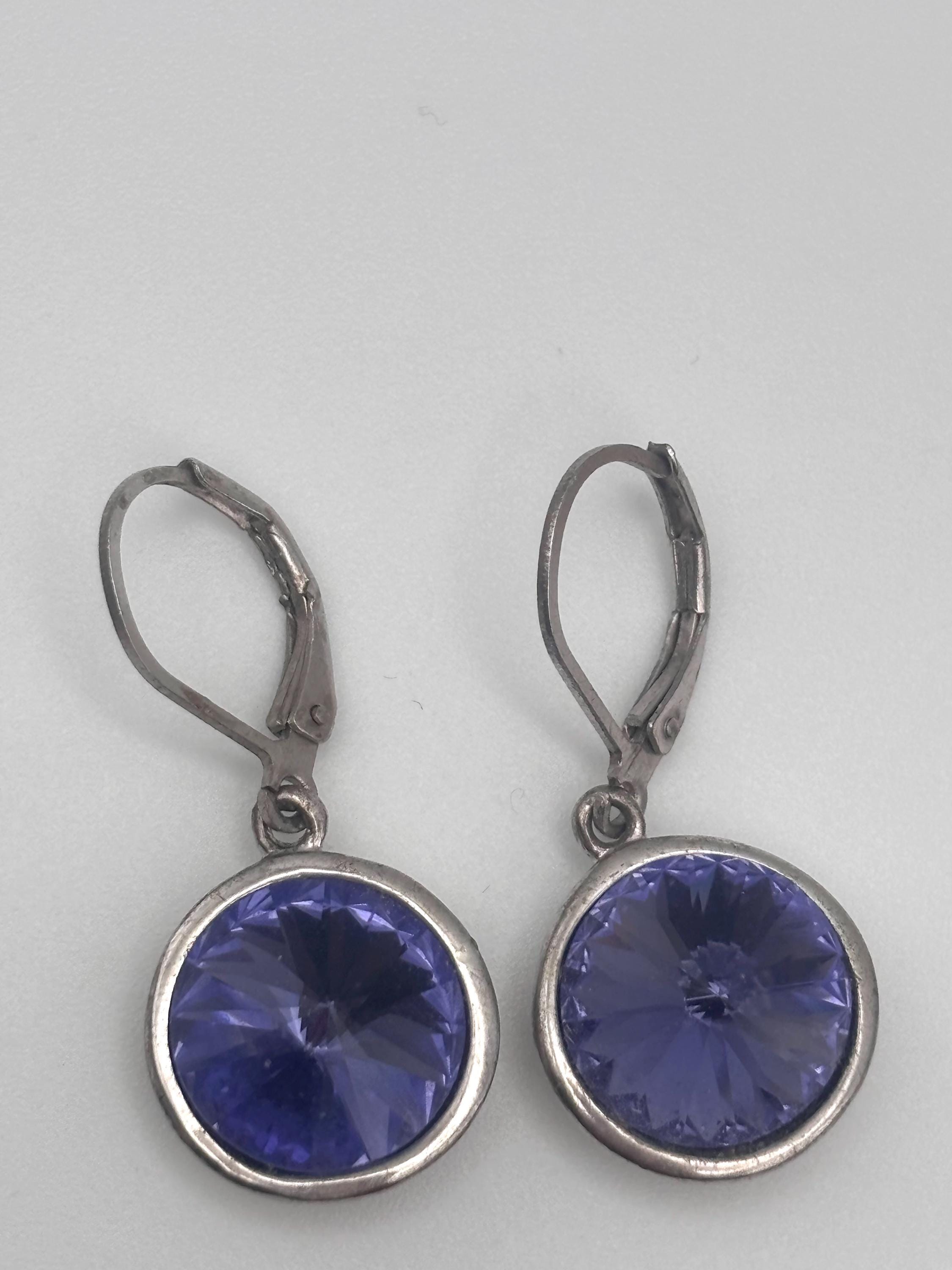 2000s Purple Rhinestone Earrings Dangle Silver Tone Round Blue Purple ...
