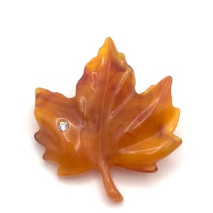 Vintage 80s Avon Dew Touch Brooch Bright Orange Yellow Resin Maple Leaf Pin White Clear Rhinestone