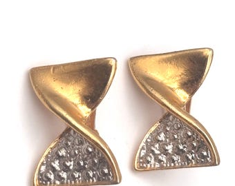Vintage 80s Hourglass Clip On Earrings Yellow Gold Tone Silver Tone Mixed Metal Bowtie