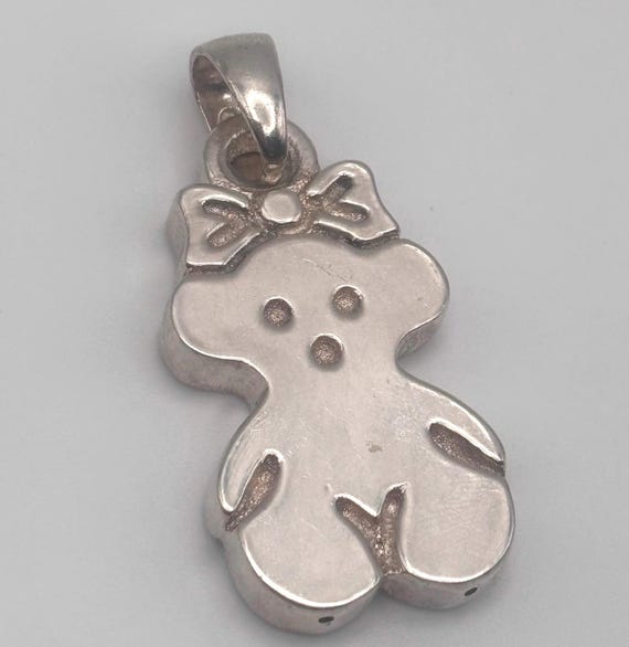 Vintage 80s 925 Jumbo Teddy Bear Pendant Sterling Silver 3-D Teddy Bear Wearing Bow Hollow