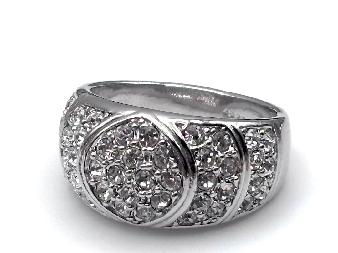 Vintage 80s 18K RGP Pavé Rhinestone Ring Size 8.5 8 1/2 White Rolled ...