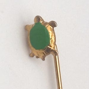 Vintage 60s Mini Enamel Tortoise Stick Pin Yellow Gold Tone Green Enamel Shell