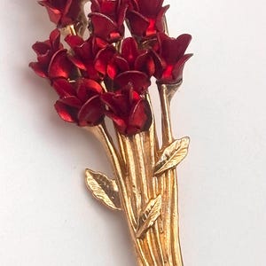 1997 Enamel Rose Bouquet Pin Yellow Gold Tone Red Enamel Signed DM©97