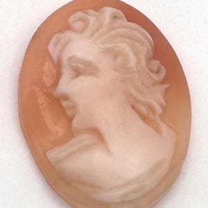 May include: Oval-shaped cameo in shades of peach and cream. The cameo features a detailed profile of a person with flowing hair, carved in relief. The background is a darker peach color, and the figure is a lighter cream color.