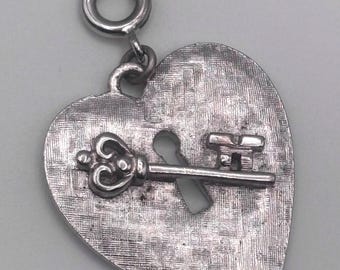 Vintage 60s Monet Silver Plated Key to Heart Charm Pendant 3-D Brushed Finish Padlock Skeleton Key Spring Clasp