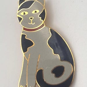 Vintage 80s Black and Gray Cat Pin Yellow Gold Tone Two Tone Enamel Grey