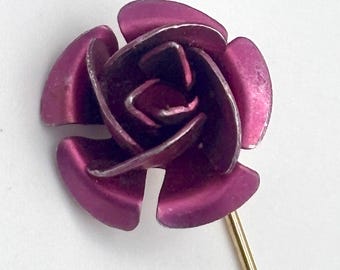 Vintage 60s Rose Stick Pin Yellow Gold Tone 3-D Petals Red Pink Enamel