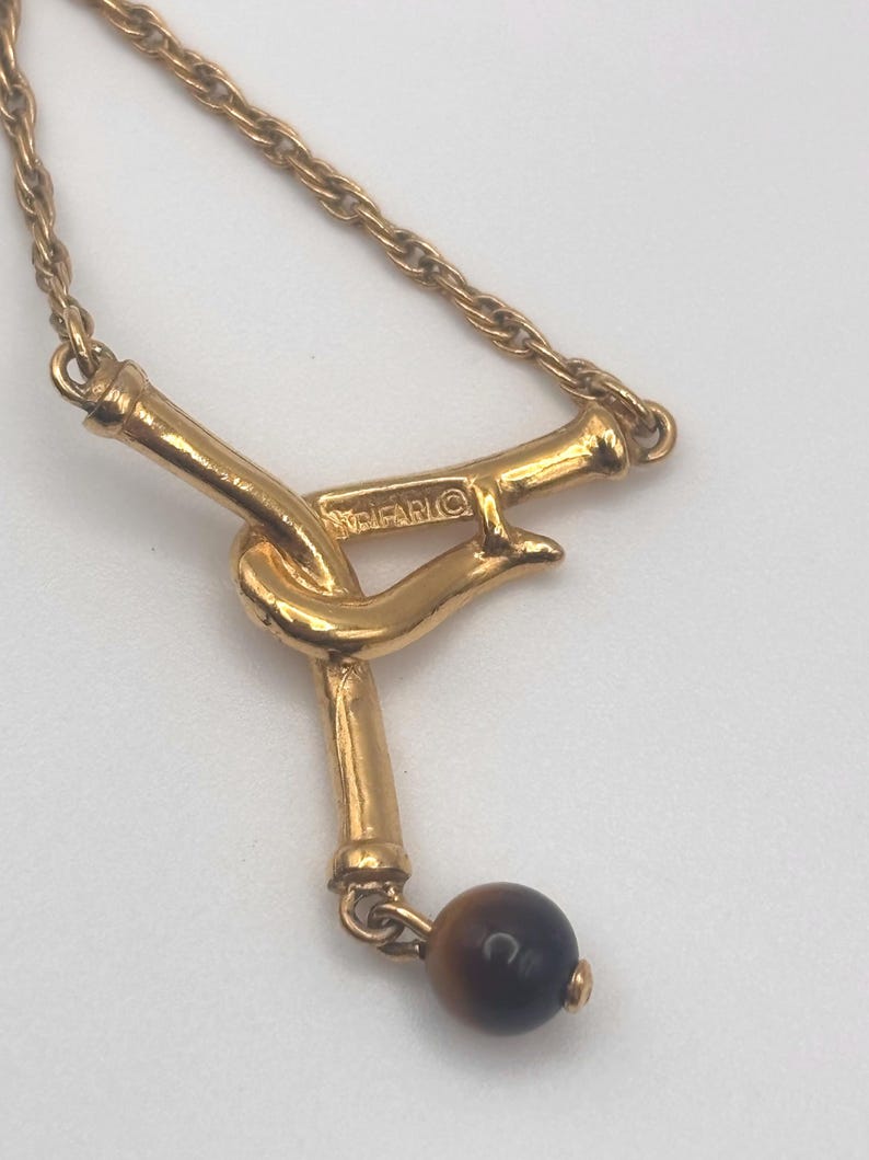 Vintage 60s Trifari Tiger Eye Bead Hook Necklace 15.5 15 1/2 Inches Yellow Gold Tone Y-Shape immagine 2