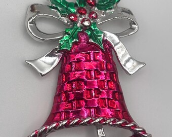 Vintage 60s Bell and Holly Brooch Silver Tone Green Red Enamel Rhinestones Festive Christmas