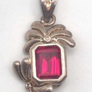 May include: A silver pendant with a red gemstone and floral accents.