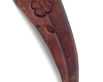 Vintage 80s Tooled Leather Tie Clip Flower Design Leather and Suede Not Vegan