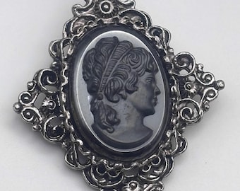 Vintage 60s High Relief Cameo Pendant Brooch Silver Tone Metallic Resin Two Tone Diamond Flower Setting Victorian Revival