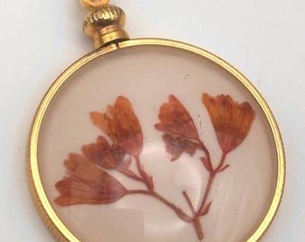 Vintage 60s Flowers in Lucite Pendant Yellow Gold Tone Real Flower Petals Lucite Dome Pocket Watch Bezel Setting MCM