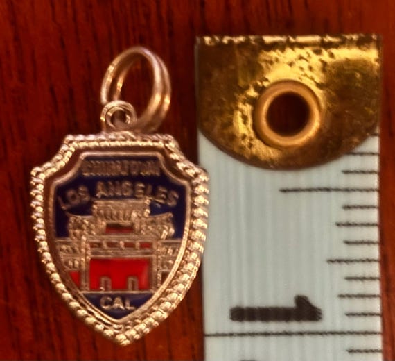 Vintage 60s 925 Chinatown, Los Angeles Charm Pendant Sterling Silver Shield Enamel Tourist Souvenir Blue Red California View 3