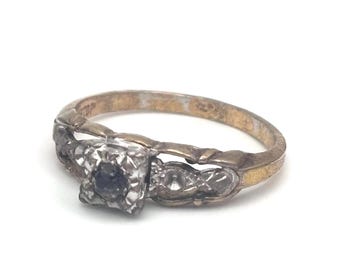 Vintage 40s 10KT GF Sterling Silver Top Ring 7.5 7 1/2 Yellow Gold Filled Paste Diamond 925