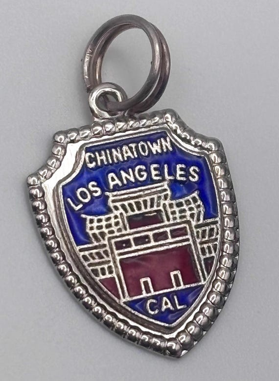 Vintage 60s 925 Chinatown, Los Angeles Charm Pendant Sterling Silver Shield Enamel Tourist Souvenir Blue Red California