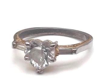 90s CZ Heart Ring Size 7.25 7 1/4 Mixed Metal Yellow Gold Tone Silver Tone White Clear Cubic Zirconia Baguette Three Stones